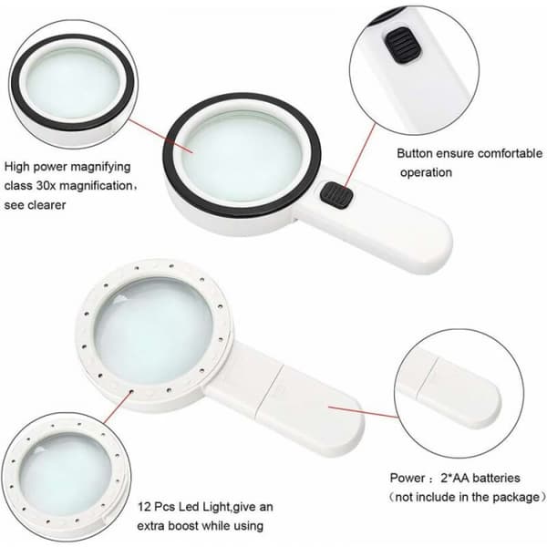 10× forstørrelsesglas med 12 LED-lys, 106 mm størrelse, forvrængningsfri H
