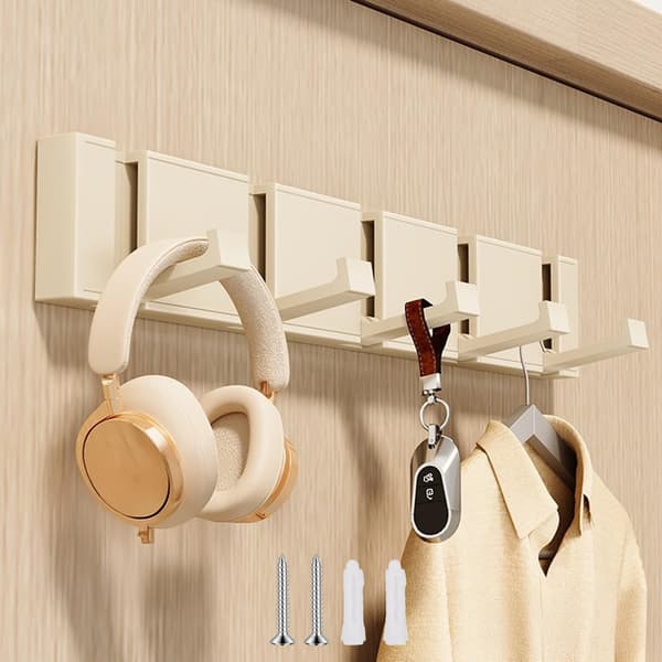 Wall-mounted coat rack with 5 retractable hooks, modern floating coat rack with screws, wall hook for bathroom, bedroom, kitchen, hallway, cream white