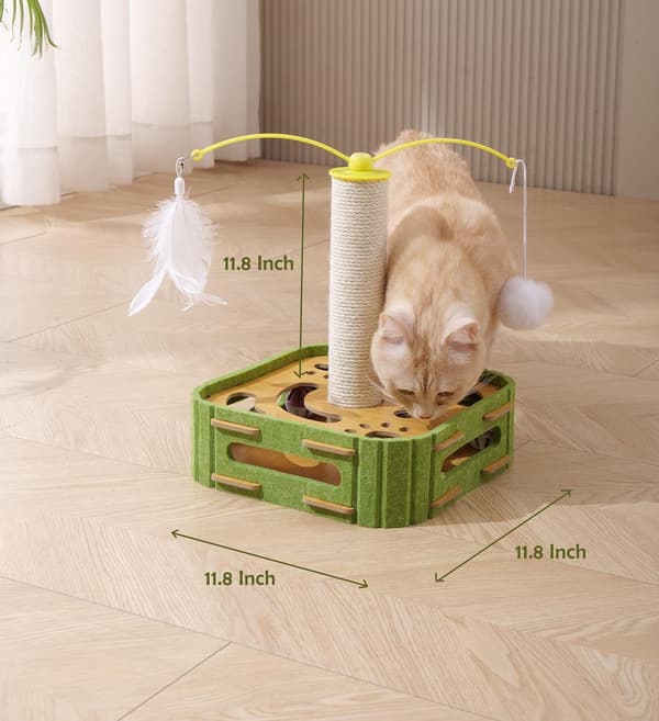 3-in-1 Interactive Cat Toy - Activity Station with Feather Track, Scratching Post & Spinning Ball for Indoor Cats & Kittens