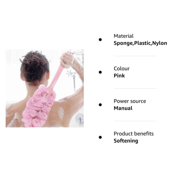 Long Handle Bath Brush Back Scrubber Shower Body Brush Sponge Hanging Soft Mesh (Pink)