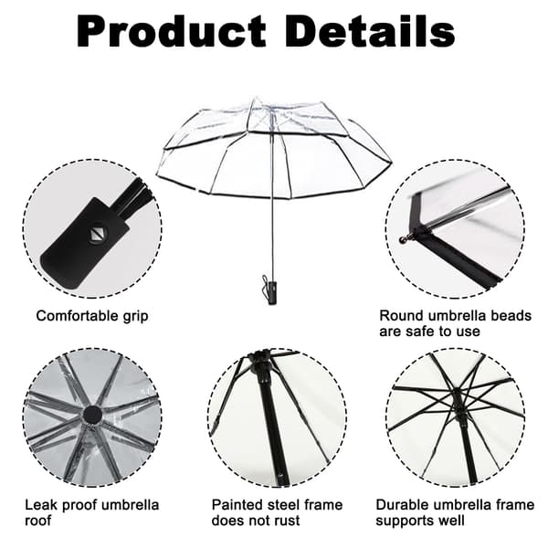 Automatic Open Close Clear Umbrella, Compact Foldable Transparent Umbrella, Windproof Travel Umbrella with 8 Ribs for Women Men (Black)