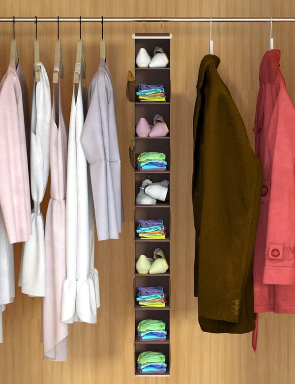 Hängande garderobsorganisatör, brun, 10 hyllplan, förvarar kläder, skor och accessoarer