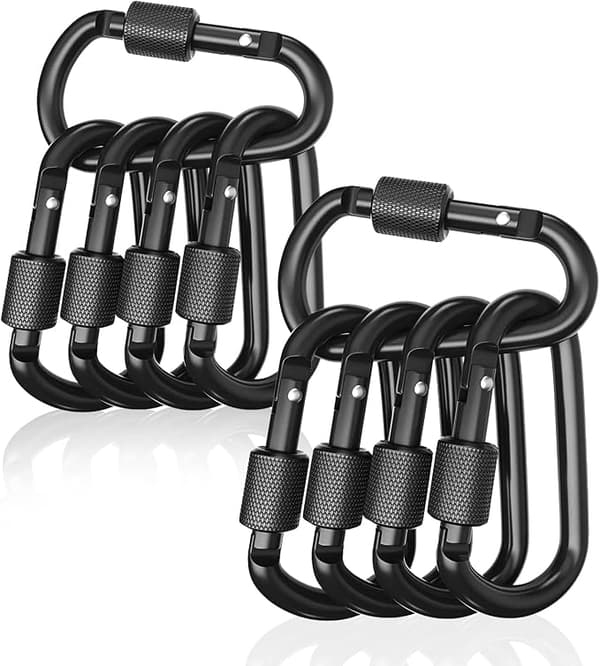 Svart, 10-pack låsbara karbinhakar i aluminium med grindspänne för
