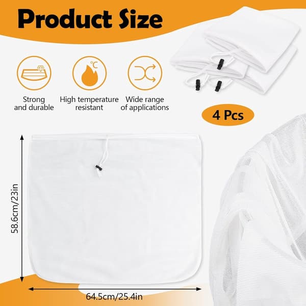 Brew Bags, Extra Large 64.5x58.6 cm, Reusable Fine Mesh Strainer Bag, Drawstring, 4-Pack