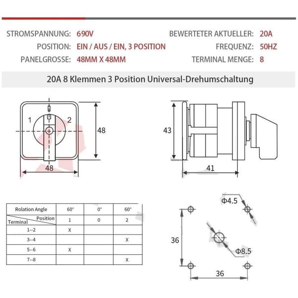 Trimec – Universal drejeafbryder 20 A 3 positioner 8 terminaler 690 V – Flammehæmmende materiale – Til professionel elinstallation