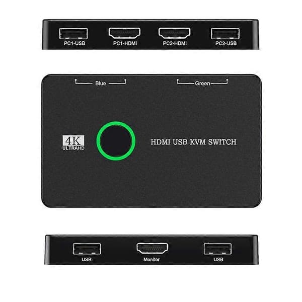 KVM Switch 2 Port Box USB og HDMI-kompatibel Switch til 2 computere, der deler tastatur, mus, printer a