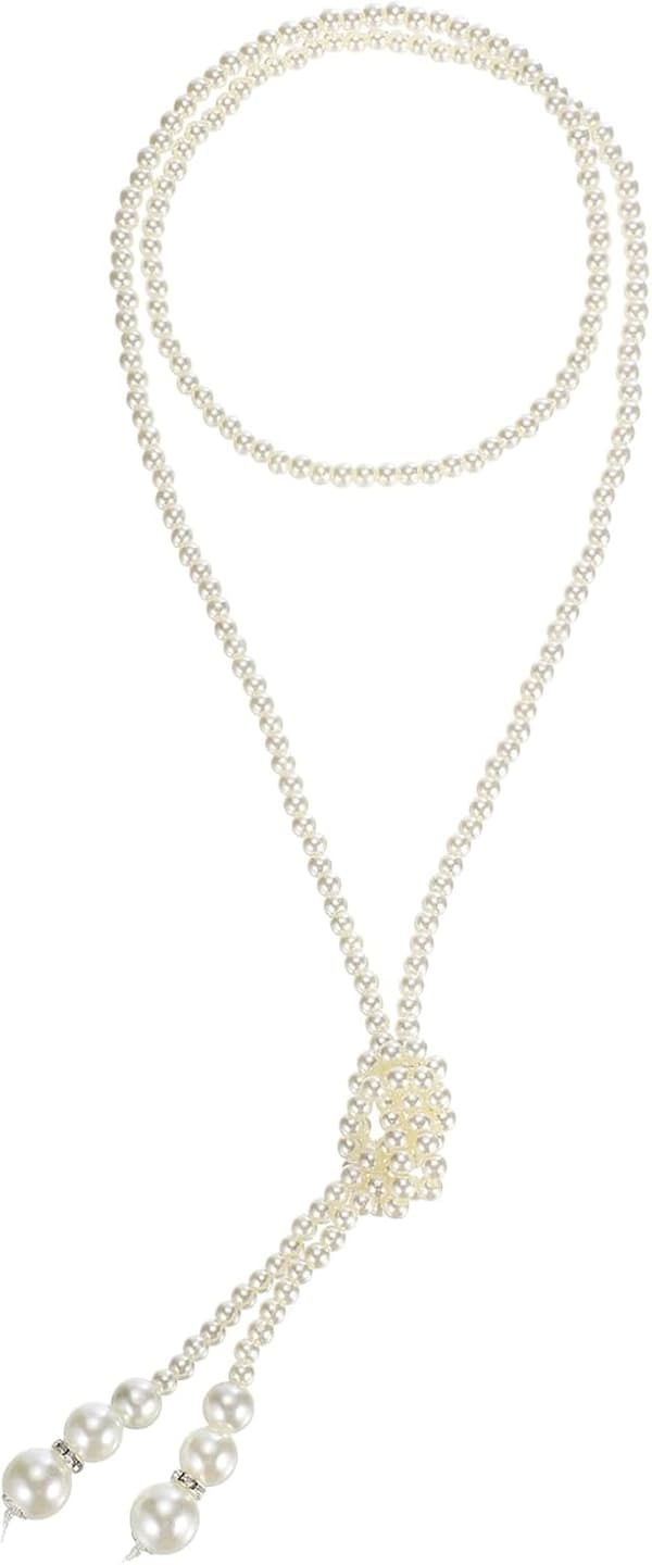 Långt pärlhalsband rött Beige