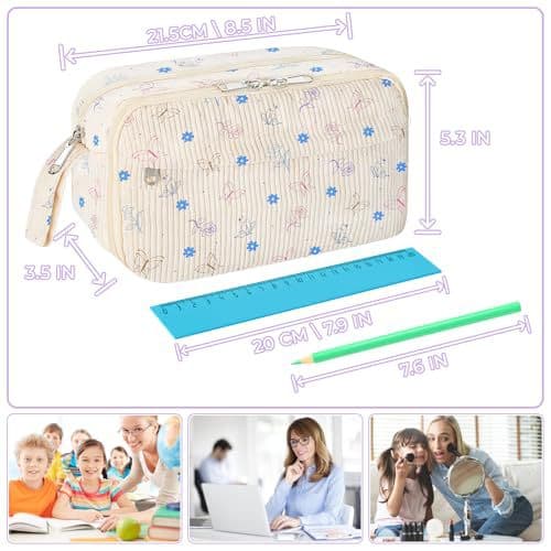 Cute Multi-Layer Floral Embroidery Pencil Case, Large Capacity Portable Stationery Bag with Hand Strap