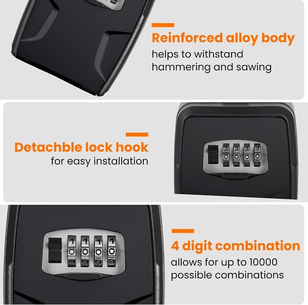 Portable Key Lock Box, Wall Mounted Box for House Key, Car Keys, 6 Keys, Weatherproof Resettable Code (Black,