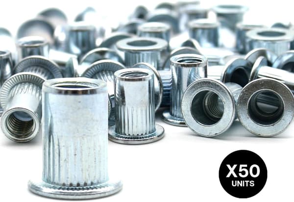 Industrial, M8 Steel Blind Rivet Nut, PACK 50, Slotted Flat Head Threaded Nut, Rivet Nuts Ideal for Carpentry, Construction, Plumbing