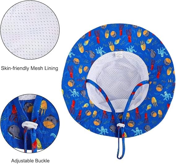 Solhatt for småbarn, unisex, bred brem, justerbar, blå