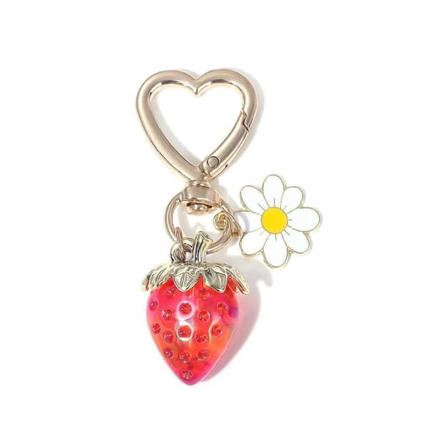 1 stk. Sød Jordbærnøglering, Taskevedhæng, Kawaii Hjerte Blomst Tusindfryd Nøgle