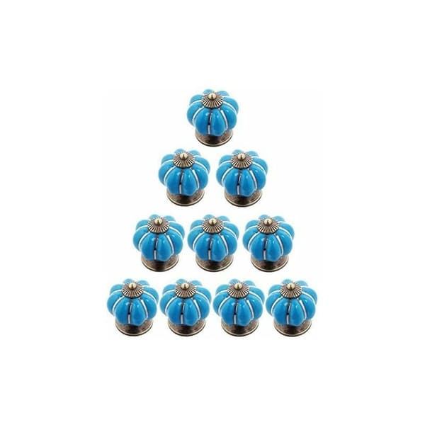 10 Pcs Antique Pumpkin Ceramic Door Knobs, Handle Pull for Cabinets, Cupboard Dresser, Drawers, Kitchen Furniture (Blue)