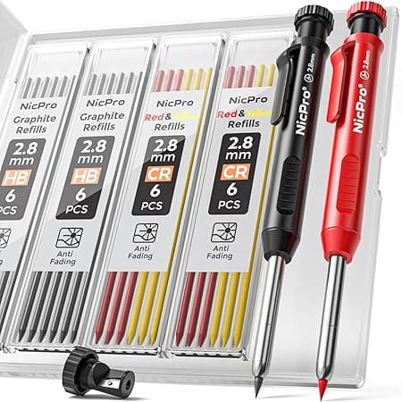 Nicpro Carpenter Pencil with Sharpener, Mechanical Pencil Set with 26 Refills | Deep Hole Marker for Construction, Heavy Duty Woodworking Tools Red 1 Pack Red 1 Pack