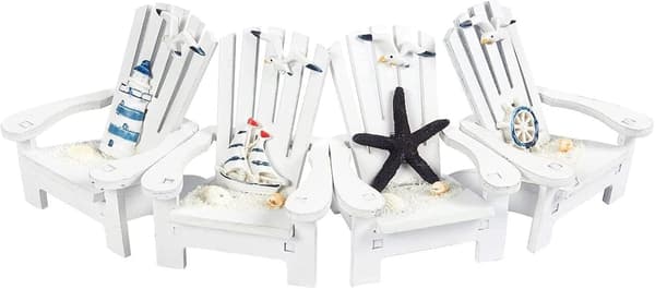 Sett med 4 miniatyr Adirondack strandstolpynt for kyst, hav