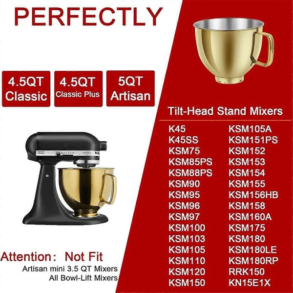 5 QT Skål i rustfrit stål til KitchenAid Artisan & Classic 4,5-5 QT Tilt-Head røremaskiner K45 KSM70 KS