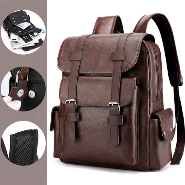 【PP】Leather Laptop Backpack for Men, Work Backpack for Travel, Office, School, Casual Waterproof Computer Backpack Fits Notebook 15.6 Inch Coffee One Size