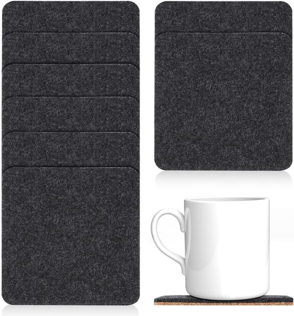 Felt and Cork Coasters Square Cup Coasters 8 Pcs Black 10x10 cm Absorbent Drink Coasters
