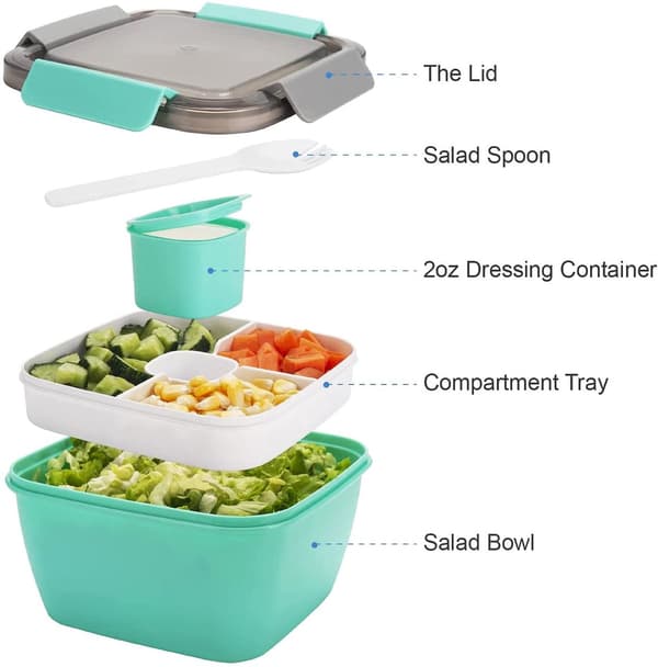 Salad Box, Leak-Proof PP Container with 3 Compartments, Dressing Cup and Fork, for School, Work and Travel, Green, 1500 ML