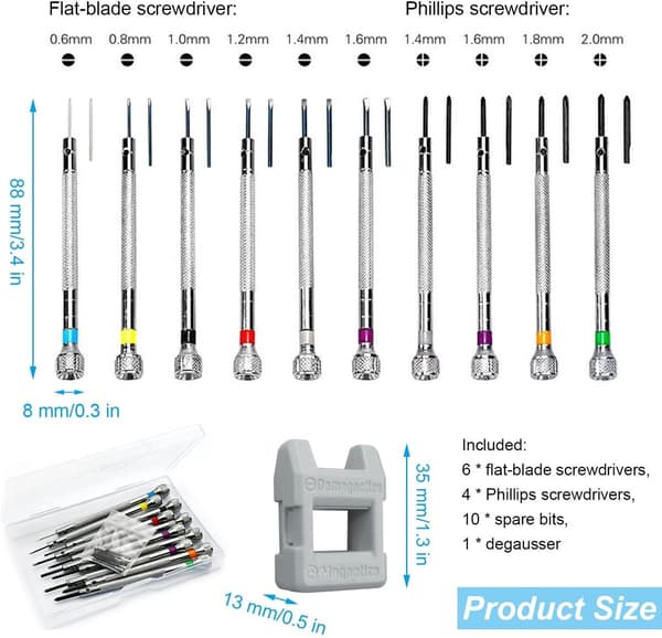 Precision Screwdriver Set, 10 Pieces 0.6-2mm, for Watch and Glasses Repair, with Demagnetizer