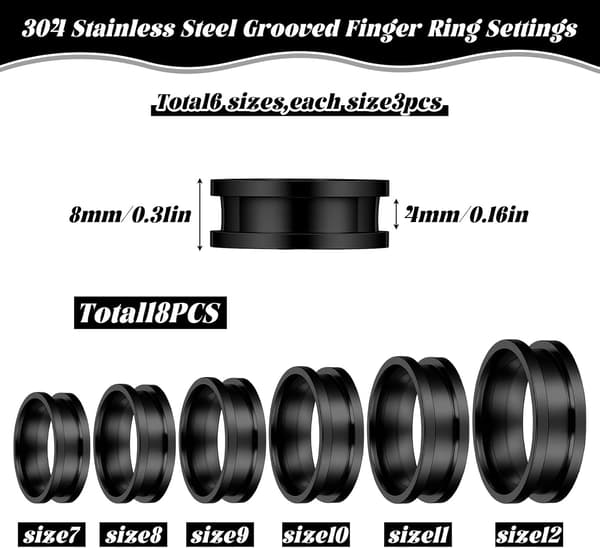 18 stk. rillede ringemner i rustfrit stål, runde indlægskerneemner 8 mm brede ringemner til smykkefremstillingssæt mænd kvinder DIY sort) sort