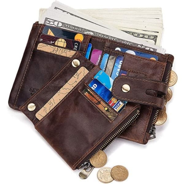 Men's Leather Blocking Wallet (Brown) with Zipper