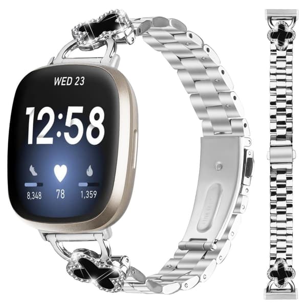 Urrem i rustfrit stål med kløver, kompatibel med Fitbit Versa 4/Versa 3/Sense 2
