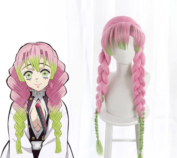 Paryk til Kanroji Mitsuri Cosplay til Demon Slayer Grøn og Pink L