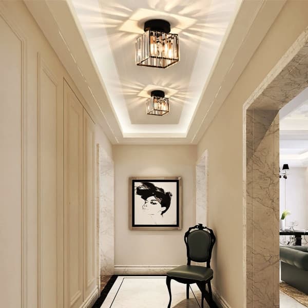 Modern Crystal Ceiling Lamp Entrance E27 Mini Chandelier LED Ceiling Light Square Lampshade (Black)