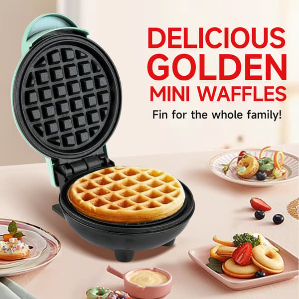 Mini waffle maker, waffle machine, clear indicator light, non-stick coating, cool handle, compact size red Red Red