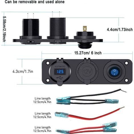 Dual USB Car Charger Socket Panel with 12V Cigarette Lighter Socket Splitter, LED Voltmeter and Independent Switch