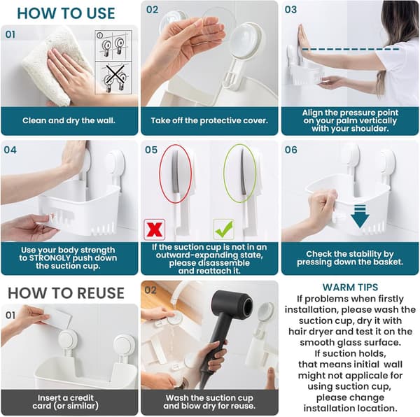 Corner Shower Shelf with Suction Cup, Robust Bathroom Shelf with Vacuum Suction Cup, Removable Storage Basket (No Drilling Required) for Shampoo