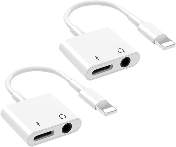 2-pak Lightning til 3,5 mm hovedtelefonadapter til iPhone Dongle 2-i-1 oplader og aux-lyddeler, hvid