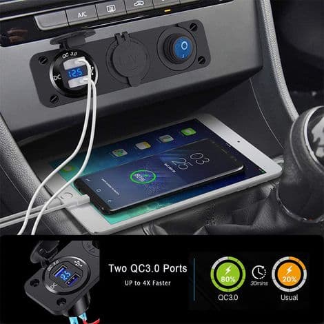 Dual USB Car Charger Socket Panel with 12V Cigarette Lighter Socket Splitter, LED Voltmeter and Independent Switch