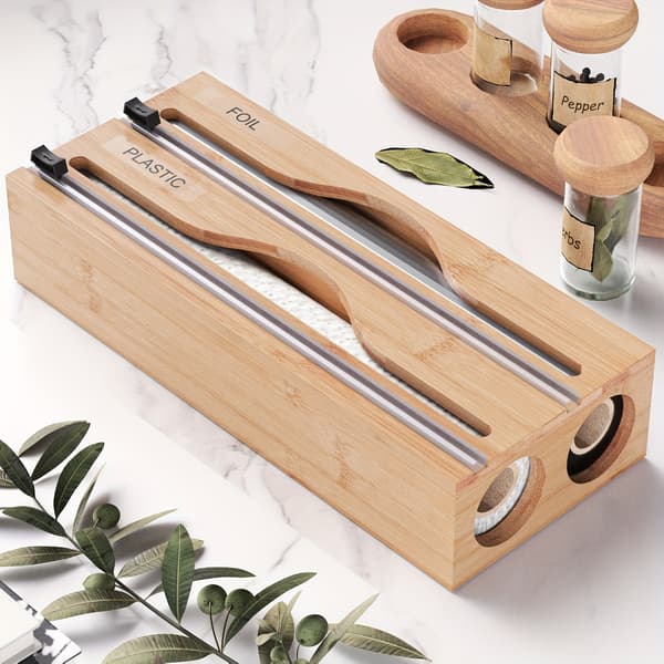 2-i-1 bambudispenser for folie, vokspapir og bakepapir med kutter Brown-1 Brown-1