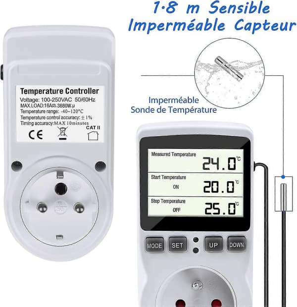Termostatudtag, digital programmerbar timer med sonde, drivhusvarmer akvarium