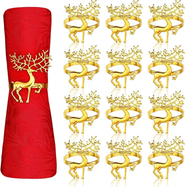 12 stk. rensdyr servietringe, guld servietholder El