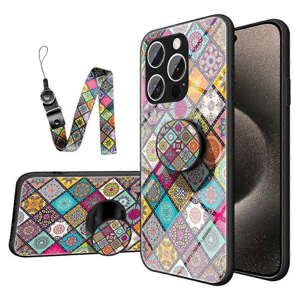 Case for iPhone 16 Pro Max with Stand Ethnic Pattern Tempered Glass Phone Cover with Strap