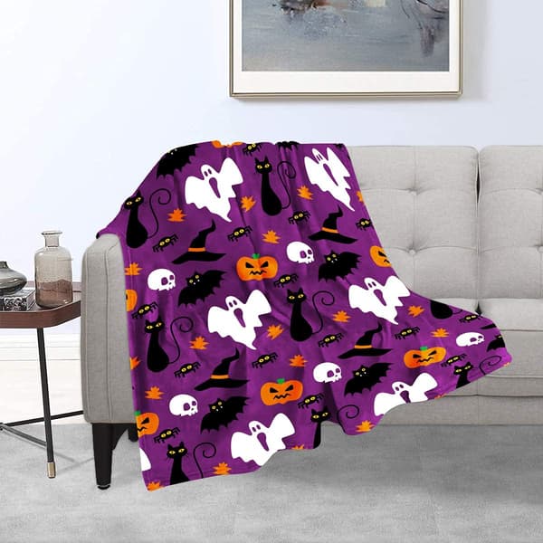 Flonelstæppe Halloween Græskar Lilla Spøgelse Flagermus Spøgelse Hyggelig Blød Plys til Seng Sofa Stue Stol (150 x 125 cm)