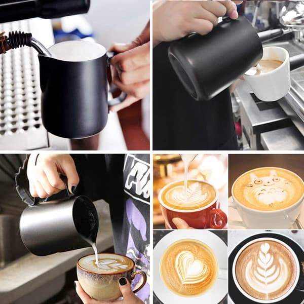 Espressokander i rustfrit stål, mælkeskummer til espressomaskiner Cappuccino Latte Art Sort, 350 ml