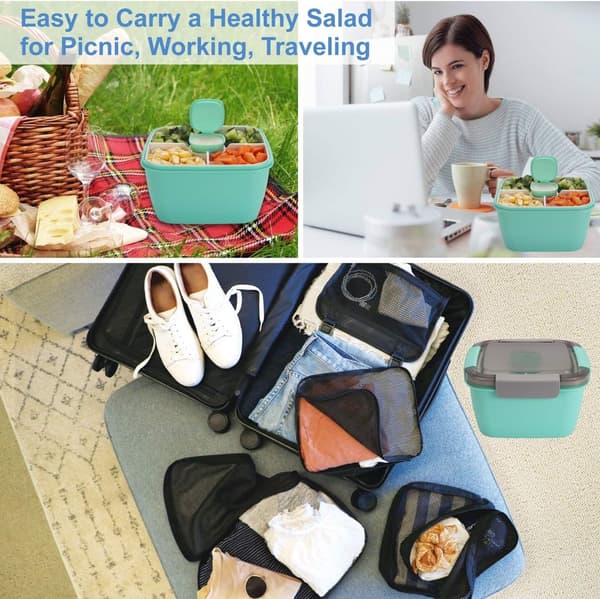 Salad Box, Leak-Proof PP Container with 3 Compartments, Dressing Cup and Fork, for School, Work and Travel, Green, 1500 ML