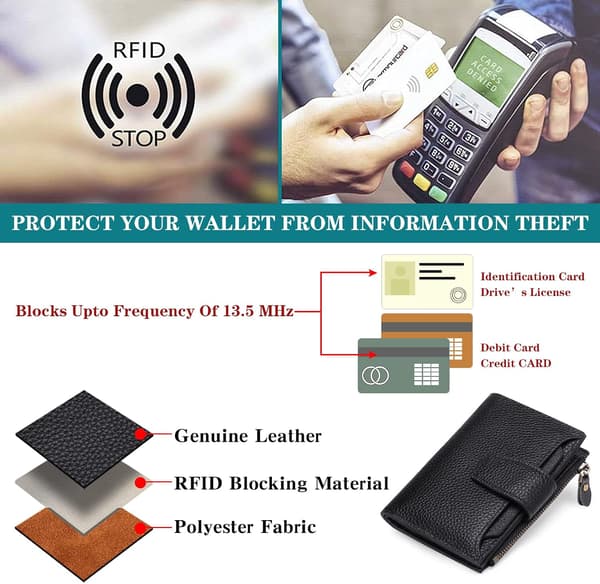 Damepung Ægte Læder Kompakt Kortholder Med RFID-blokering Anti-skim Beskyttelse Sort