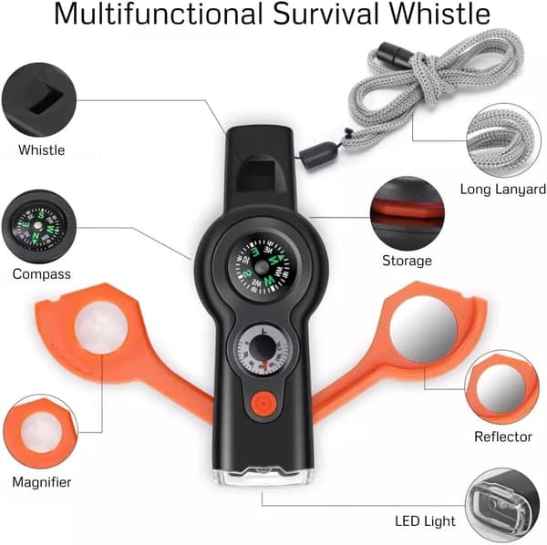 Emergency Survival Whistle 2 Pack 7 in 1 Safety Whistle with Compass Thermometer LED Light Magnifier Reflector