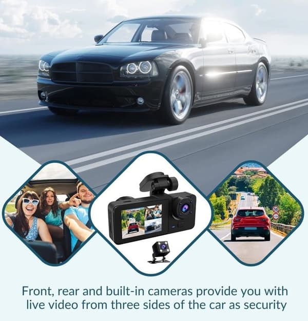 Car Camera, 1080P Dashcam Car Front Rear, 170° Angle 3 Channels with 64G SD, Night Vision, G-Sensor