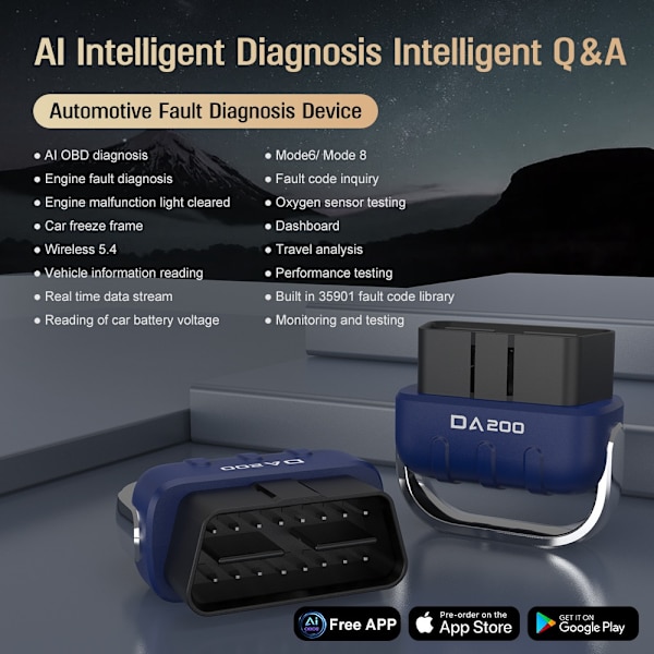 Bil Feilkodeleser: AI OBD Smart Diagnose, Motorfeildiagnose, Slett Feilkoder, Sanntidsdata, Batterispenning, O2-sensortest