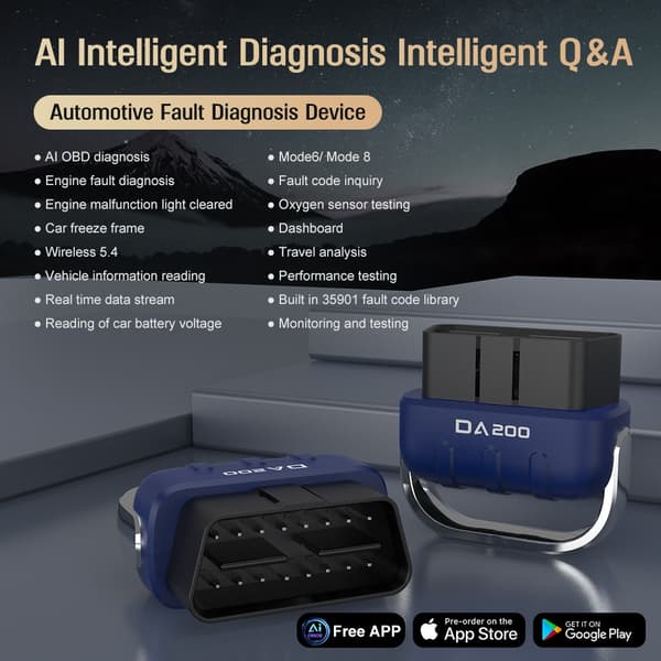 Bil Fejlkodelæser: AI OBD Smart Diagnose, Motorfejldiagnose, Ryd Fejlkoder, Realtidsdata, Batterispænding, O2-sensortest