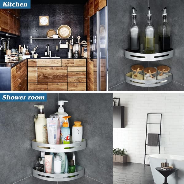 Silver Triangle 2 Tier Shower Shelf Bathroom Free Drilling Kitchen