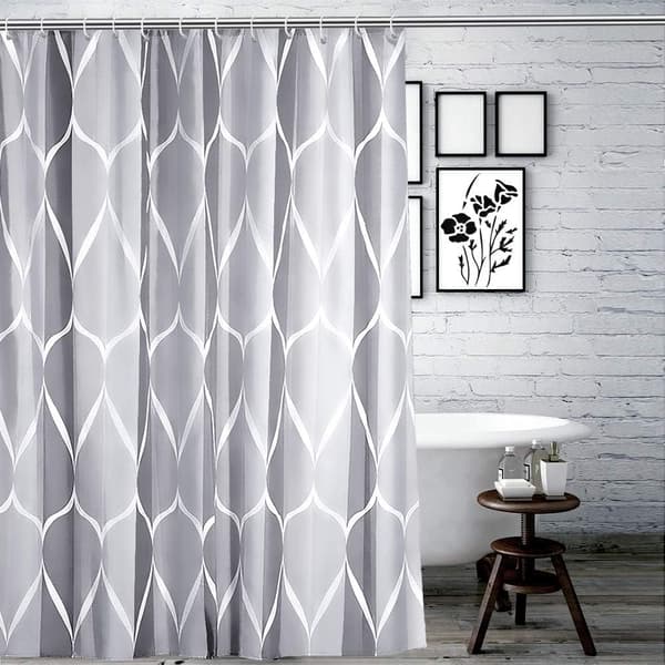 Dusjforheng, Vanntett Gitterdesign og Polyester, Vaskbart, Grå Dusjforheng med 12 Kroker