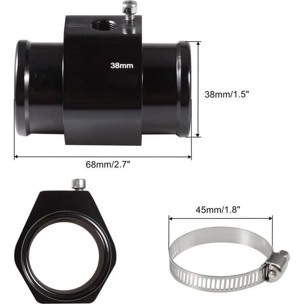 38 mm kølevæsketemperatursensoradapter, køleradapter med 2 slangeklemmer i rustfrit stål, slangeadapter