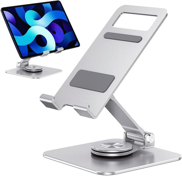 1 st Tabletställ, Justerbart och hopfällbart vridbart skrivbordsställ i aluminium med 360 graders roterande bas (silver)